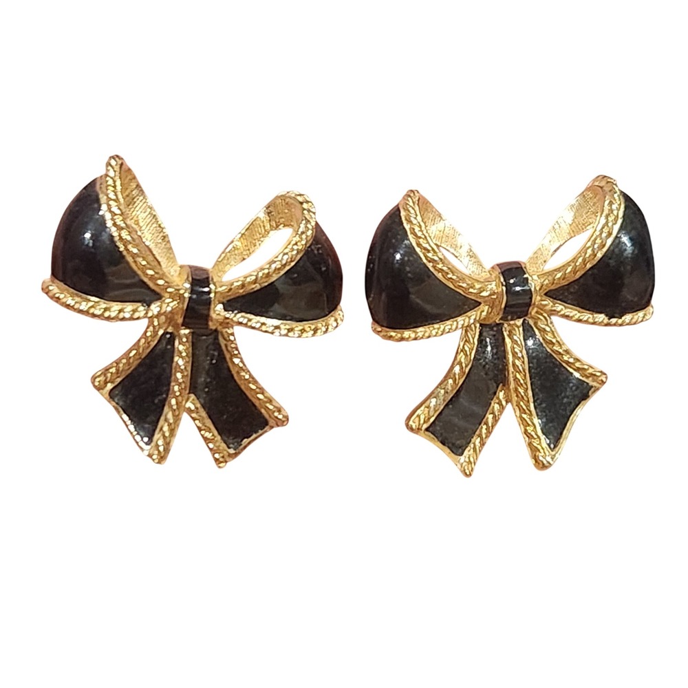 Kenneth Jay Lane for Avon Vintage Black Enamel‎ Gold Tone Bow Stud Earrings KJL